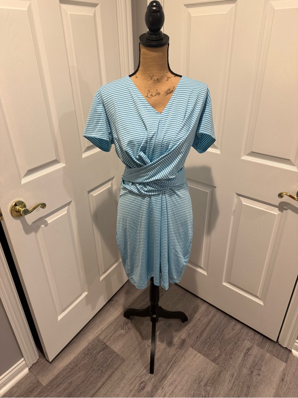 Vineyard Vines Light Blue Striped Wrap-Style Tie Midi Dress